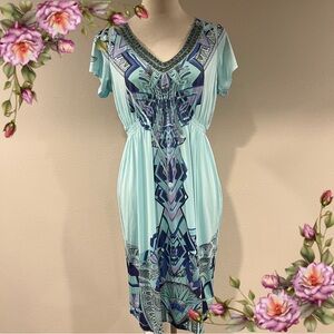 Apt 9 v-neck short sleeve tie dye print beaded mini stretchy Dress size medium